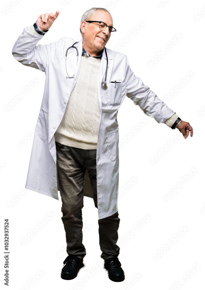 Handsome senior doctor man wearing medical coat Dancing happy and cheerful, smiling moving casual and confident listening to music Handsome senior doctor man wearing medical coat Dancing happy and cheerful, smiling moving casual and confident listening to music