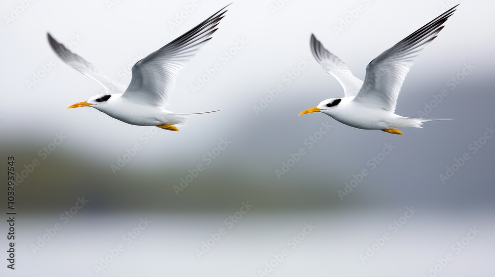 Obraz premium Soaring Arctic terns glide gracefully across serene polar sky
