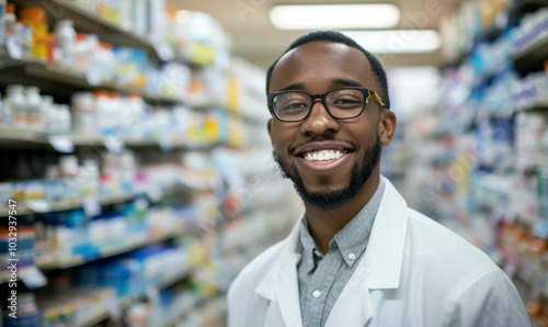 confident pharmacist in lab coat smiles and standing in pharmacy by medicine shelves, offering professional and organized healthcare services, selling drugs and vitamins