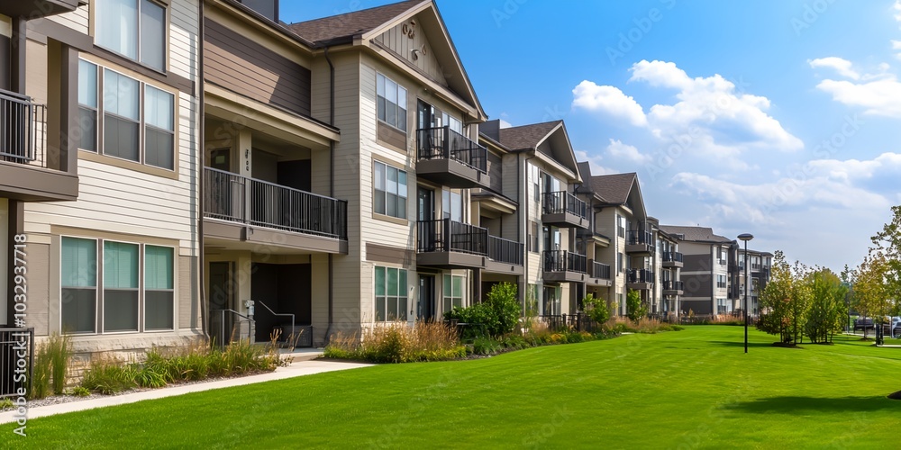 A row of apartment buildings with a large grassy area in between. The buildings are mostly white and brown A row of apartment buildings with a large grassy area in between. The buildings are mostly white and brown