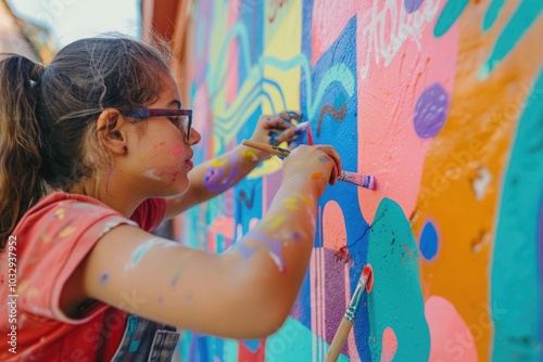 young artist painting a vibrant mural on a wall, with colorful paint splashes on her arms