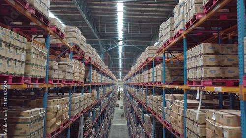 Warehouse full of shelves with goods in cardboard boxes during the day. Product Distribution Logistics Center. Asia.