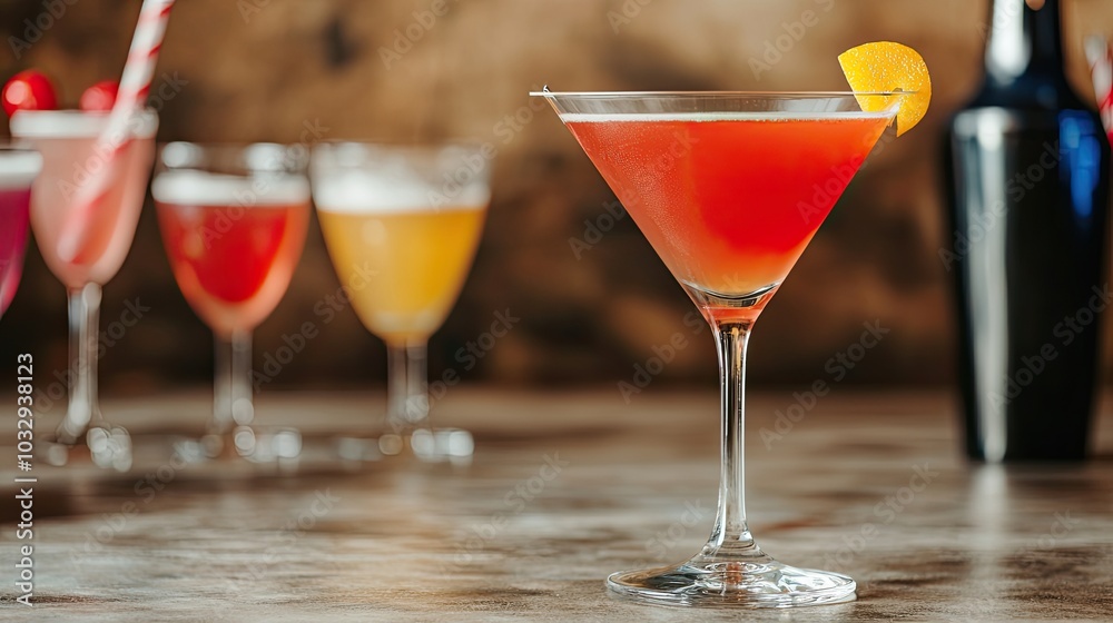 A vibrant cocktail garnished with an orange slice, set against a blurred background of colorful drinks.