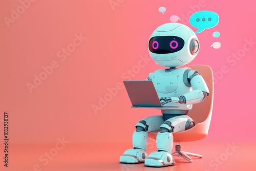 robot, technology, digital communication, artificial intelligence, contemporary design A friendly robot sitting on a chair, typing on a laptop The background is a soft pink hue The robot features