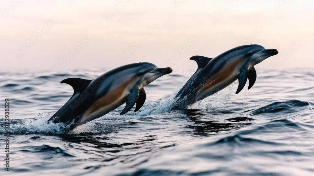 Obraz premium Dolphins jumping through ocean waves, showcasing their grace and agility