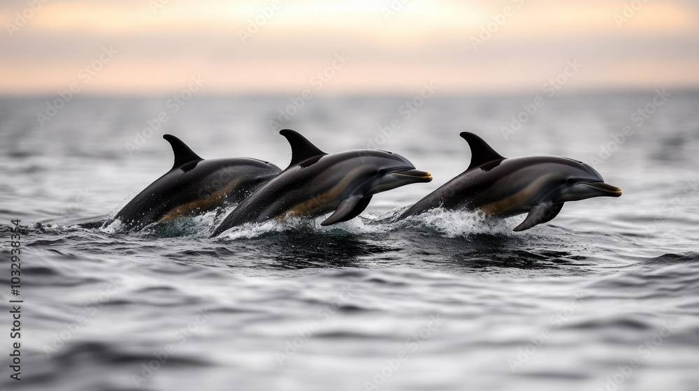 Obraz premium Dolphins swimming gracefully through ocean waves, showcasing their beauty and agility