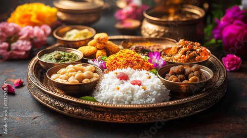 A large puja thali (plate) with kumkum, rice, and sweets, ready for the Lakshmi Puja ceremony. Copy space, Lakshmi Puja photo