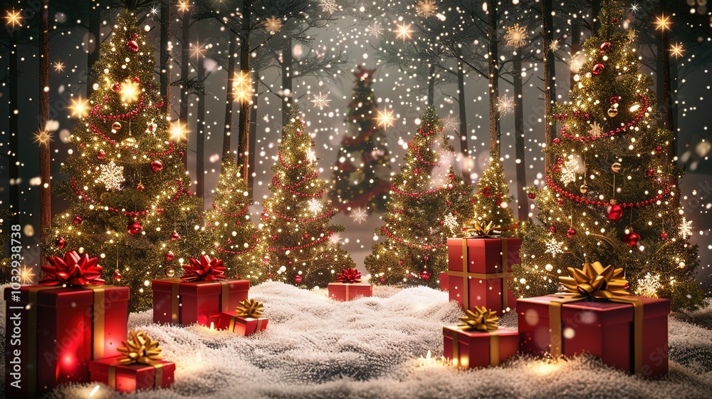 Christmas Trees and Gifts in a Snowy Forest Christmas Trees and Gifts in a Snowy Forest