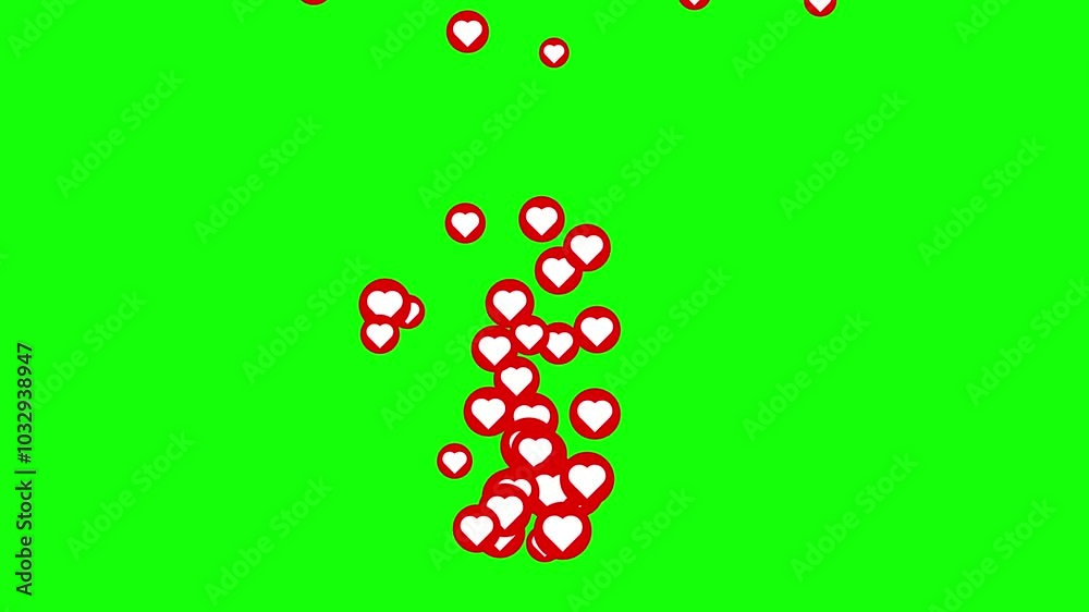 Pop up animation of red heart icon on green screen background, love animation footage suitable for social media like buttons.