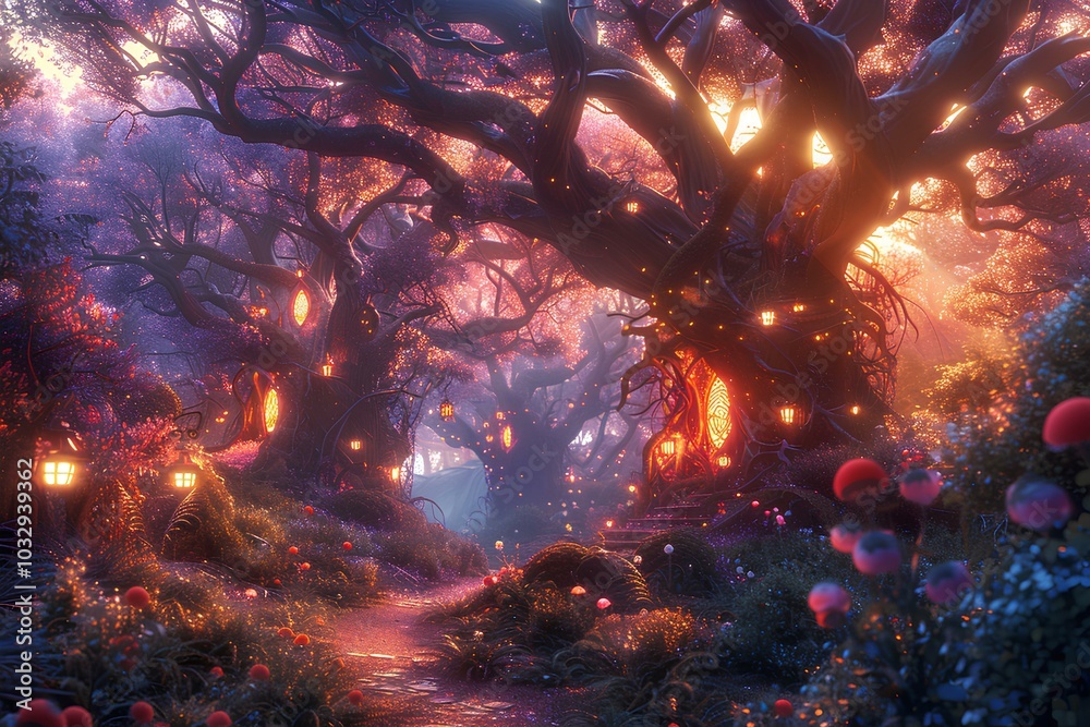 A path through a forest filled with lots of flowers A path through a forest filled with lots of flowers