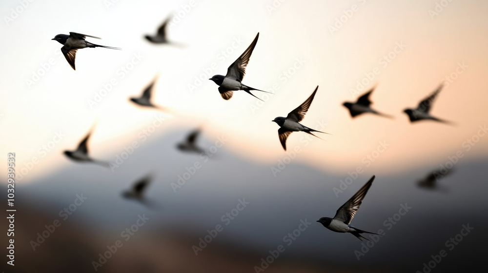 Obraz premium Flock of swallows flying gracefully across serene mountain range at sunset