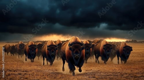 herd of bison running across plains under dramatic sky