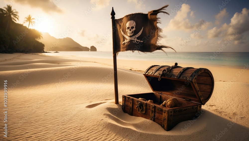 Fototapeta premium Open treasure chest and pirate flag waving on a tropical beach at sunset