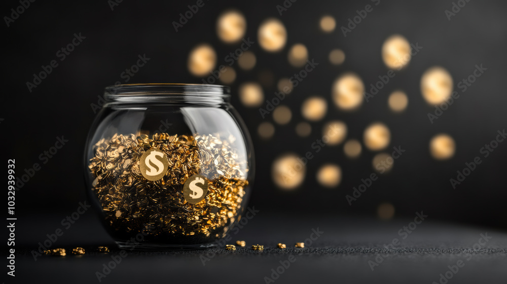 glass jar filled with liquid gold and dollar symbols creates sense of wealth and prosperity glass jar filled with liquid gold and dollar symbols creates sense of wealth and prosperity