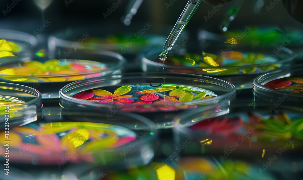 pipette drops vibrant liquid into petri dish, colorful and advanced molecular biology experiment conducted in futuristic research lab