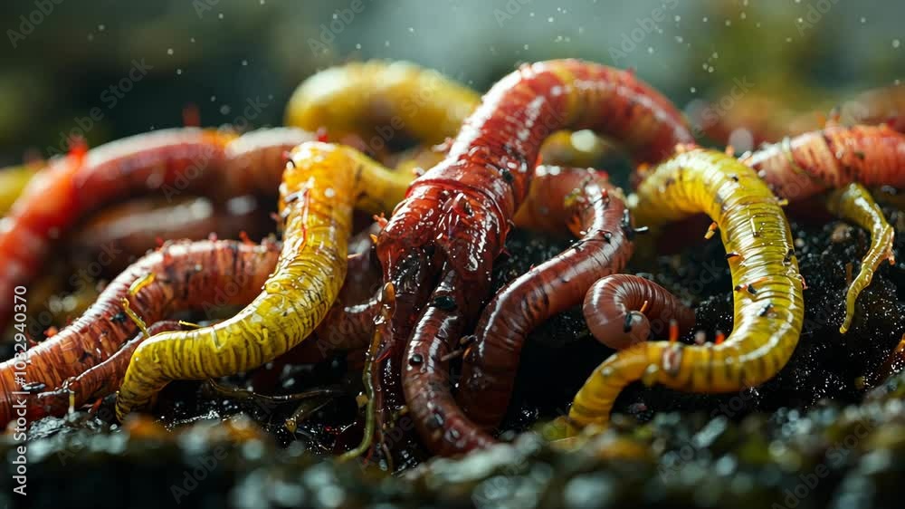 Red and yellow earthworms wriggle in the rich, dark soil Red and yellow earthworms wriggle in the rich, dark soil