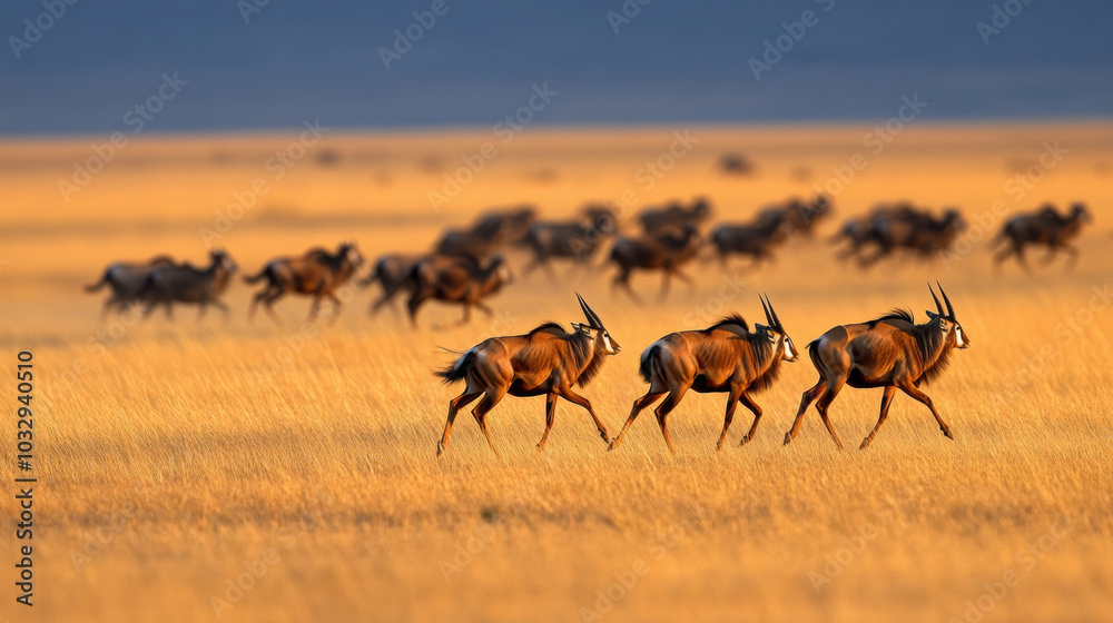 Fototapeta premium Herd of antelope running across golden plains, showcasing natures beauty