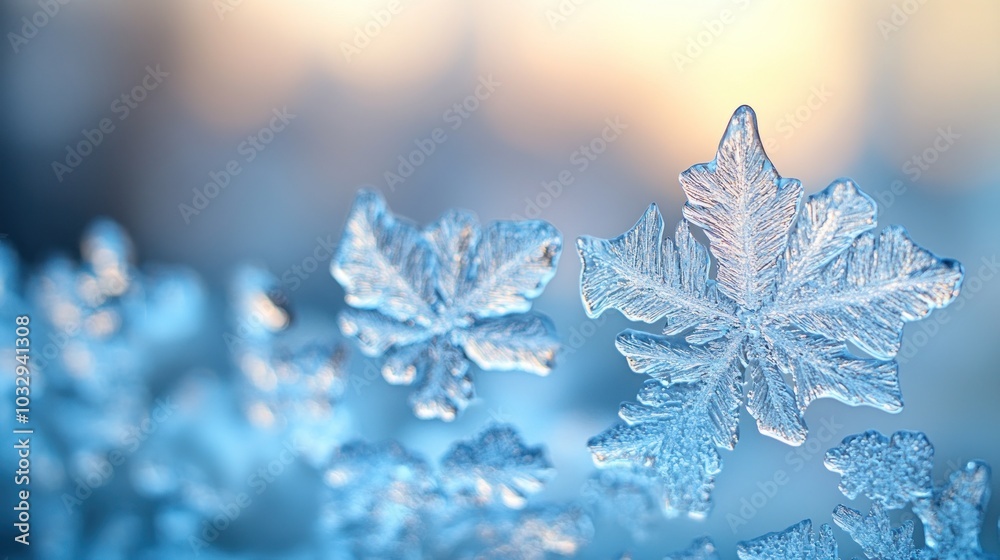Close-up of intricate, delicate snowflakes against a blurred, soft background of light blue and yellow hues, creating a dreamy, magical, and wintery scene. Close-up of intricate, delicate snowflakes against a blurred, soft background of light blue and yellow hues, creating a dreamy, magical, and wintery scene.