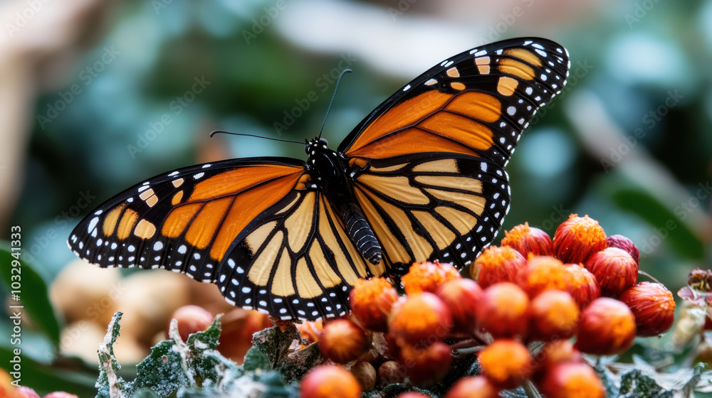 Fototapeta premium vibrant monarch butterfly resting on colorful flowers, showcasing natures beauty