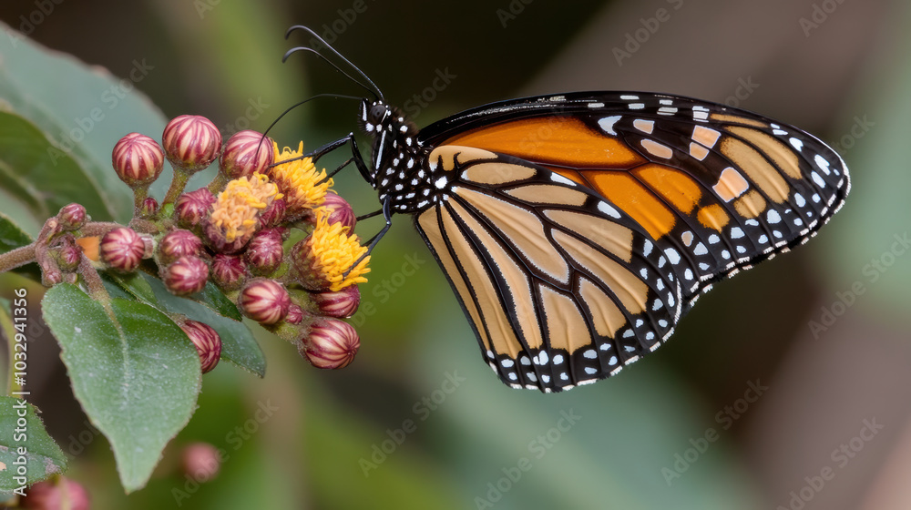 Fototapeta premium monarch butterfly gracefully lands on vibrant flowers, showcasing natures beauty