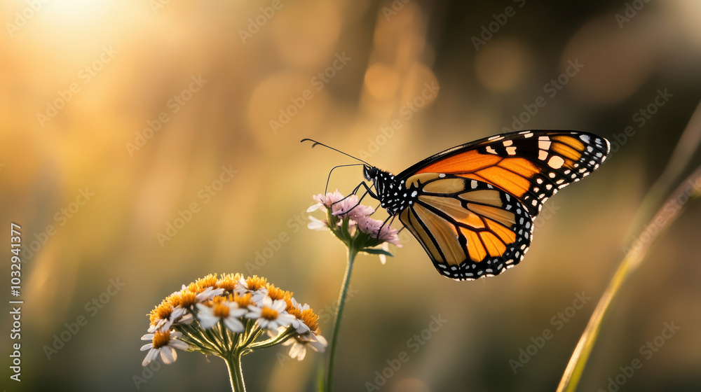 Obraz premium Monarch butterfly gracefully lands on flower, showcasing its vibrant colors