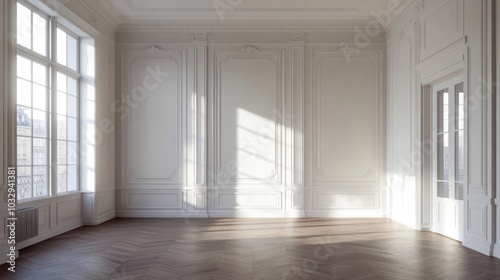 A large room with white walls and wooden floors