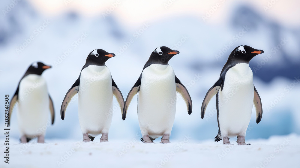 Fototapeta premium Marching penguins on icy terrain create charming scene of unity and grace