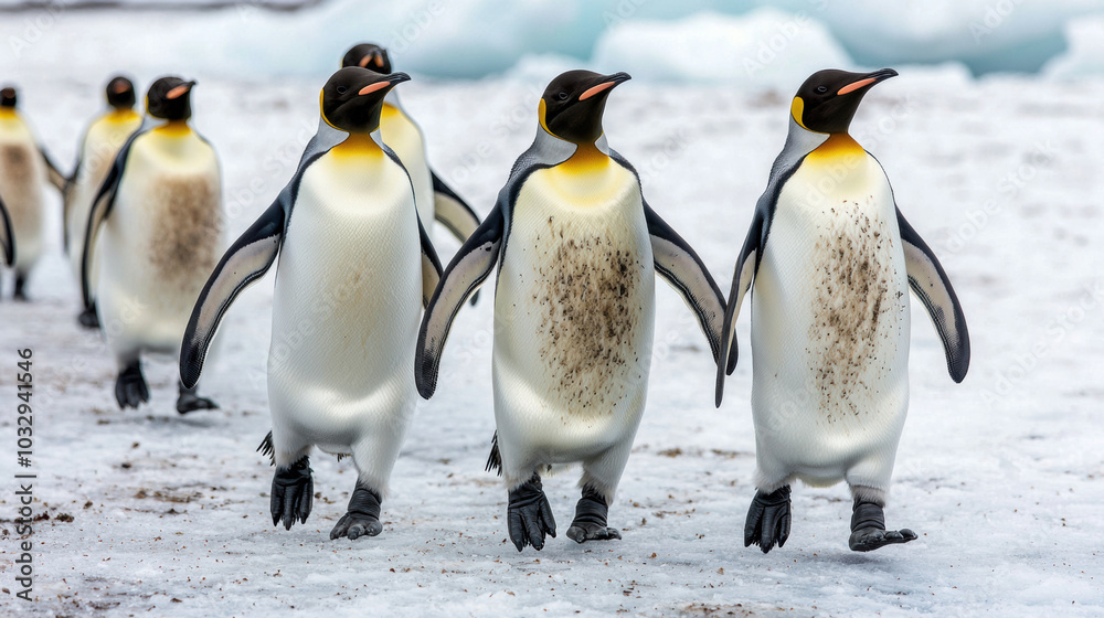 Fototapeta premium Marching penguins across frozen terrain create lively scene
