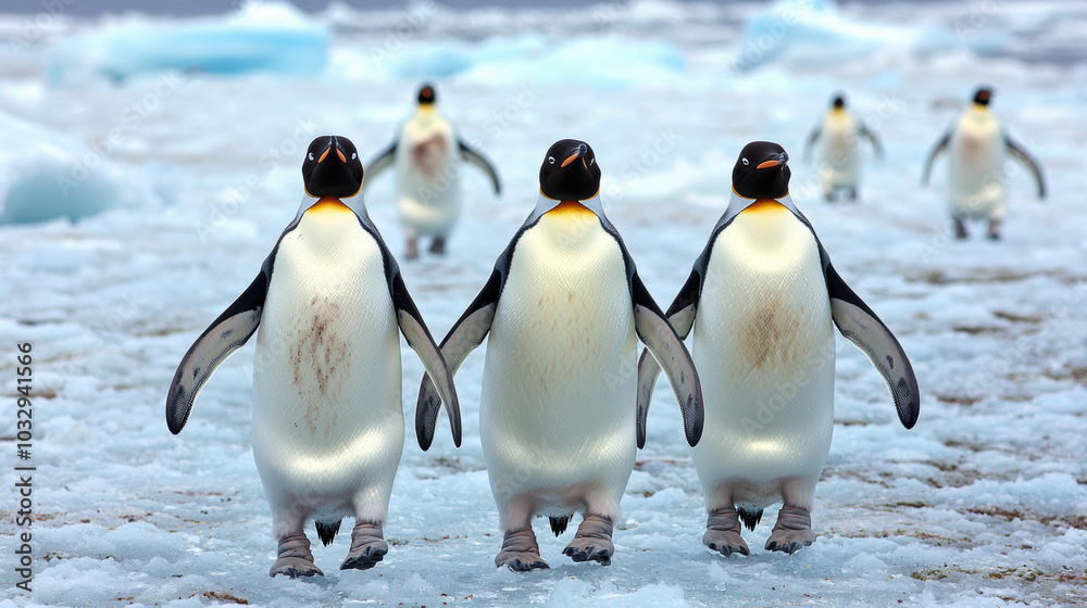 Fototapeta premium Marching penguins on frozen ice create charming scene in Antarctic
