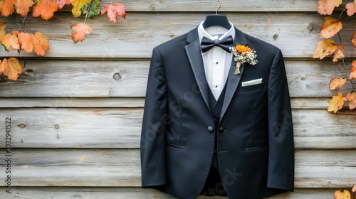 Elegant Suit Displayed on Rustic Wooden Wall photo