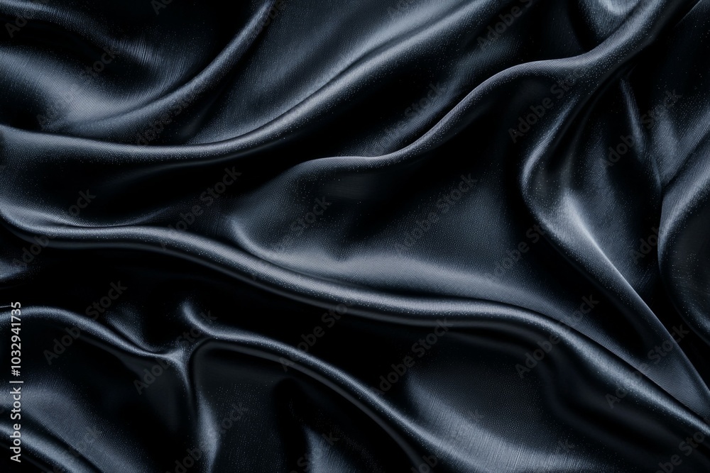 Black satin fabric draping gracefully on a smooth surface, highlighting its subtle sheen and flowing texture Black satin fabric draping gracefully on a smooth surface, highlighting its subtle sheen and flowing texture