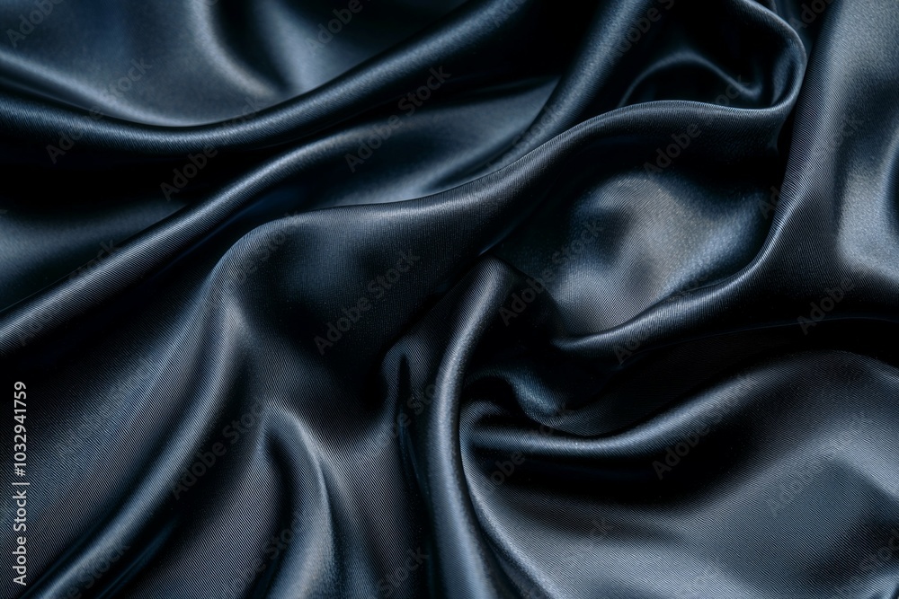 Elegant dark blue silk fabric draped softly, showcasing its smooth texture and luxurious appearance Elegant dark blue silk fabric draped softly, showcasing its smooth texture and luxurious appearance