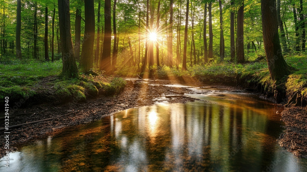 Fototapeta premium Serene Forest Stream at Sunrise with Sun Rays