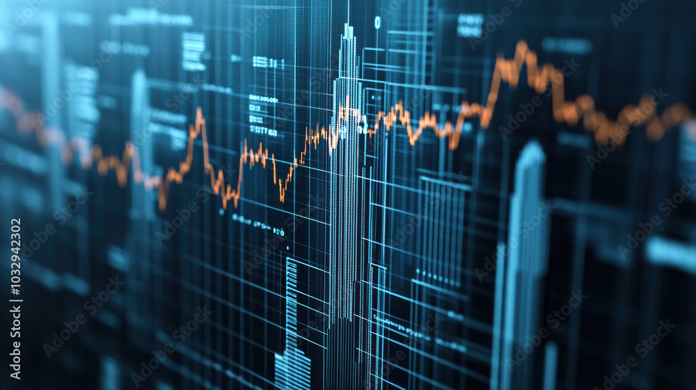 Digital data visualization with fluctuating graphs and skyscraper silhouettes Digital data visualization with fluctuating graphs and skyscraper silhouettes