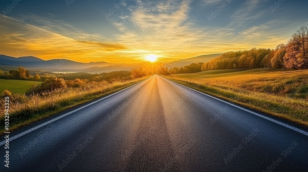 Naklejka premium Serene Sunrise Over Open Road and Rolling Hills