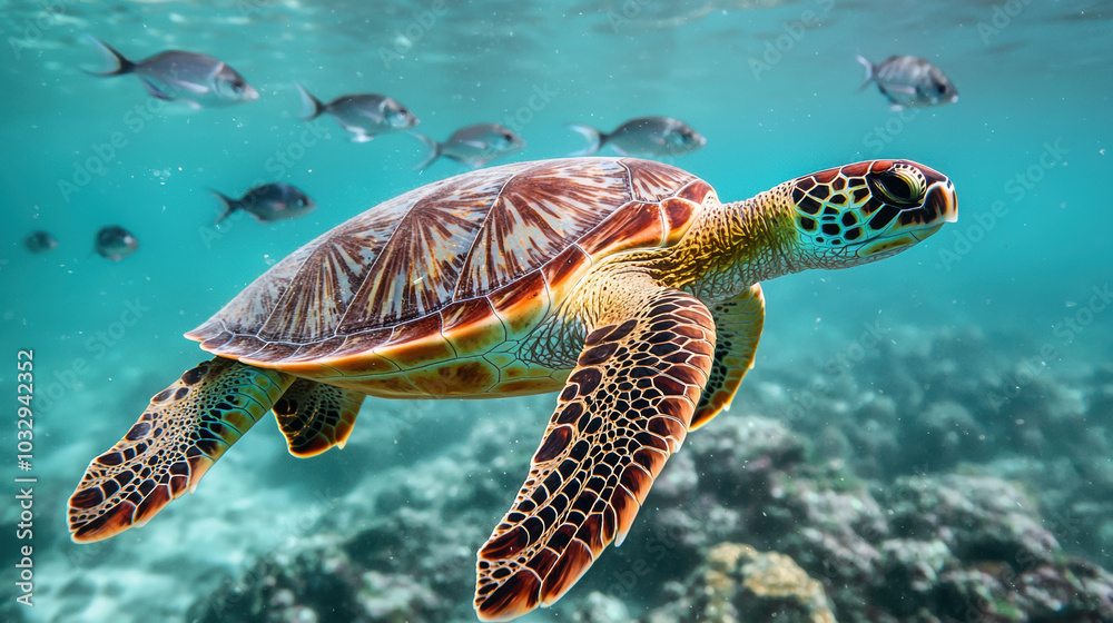 Fototapeta premium Swimming turtle gliding through clear water with fish nearby, showcasing marine beauty