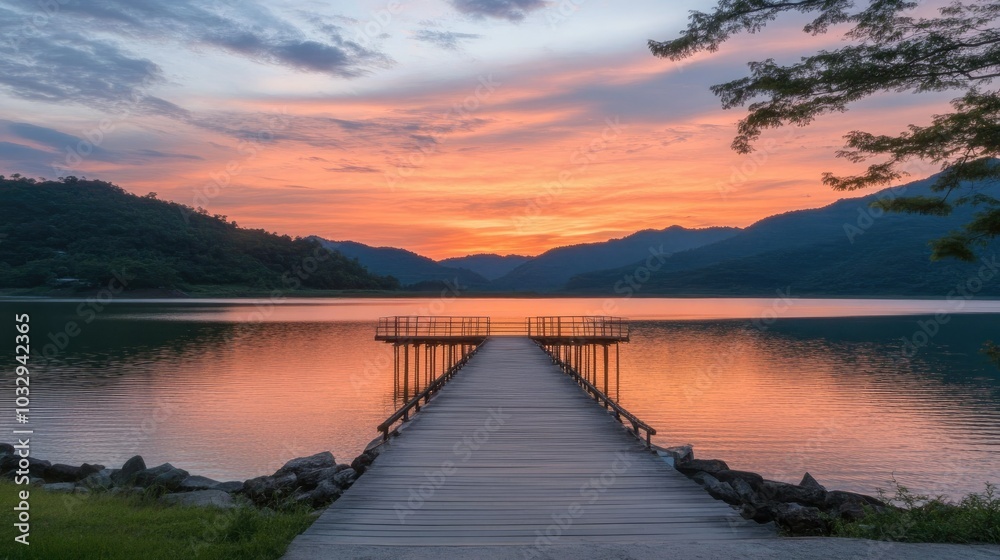 Obraz premium Serene Sunset Over Tranquil Lake with Wooden Dock