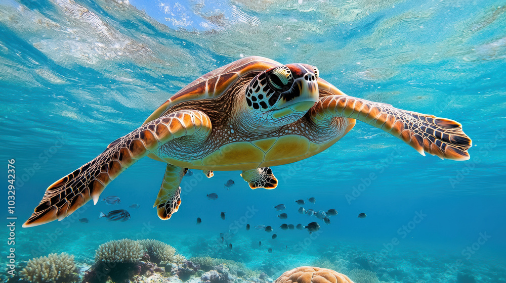 Fototapeta premium Swimming turtle gliding through clear water above vibrant coral reefs
