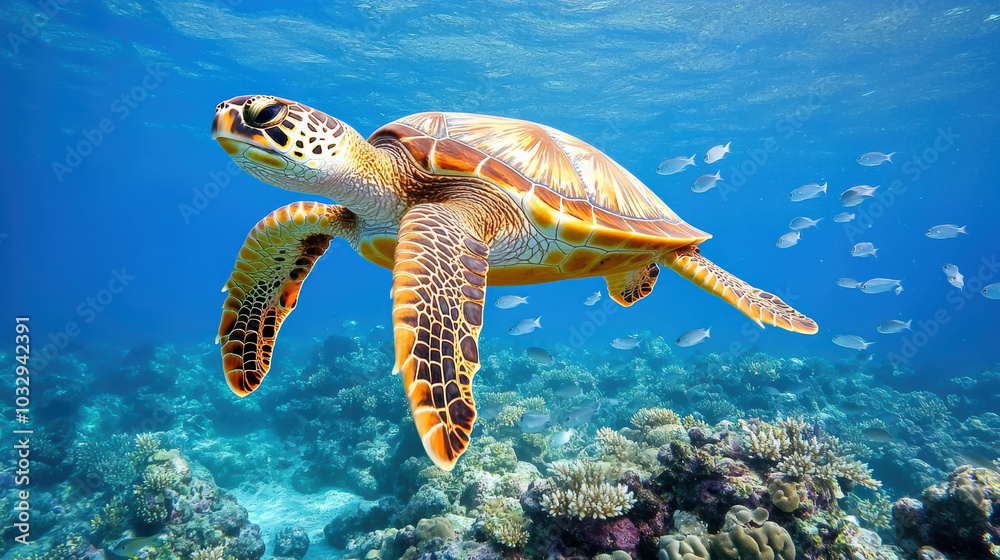 Fototapeta premium Swimming turtle gliding through vibrant coral reefs, surrounded by fish