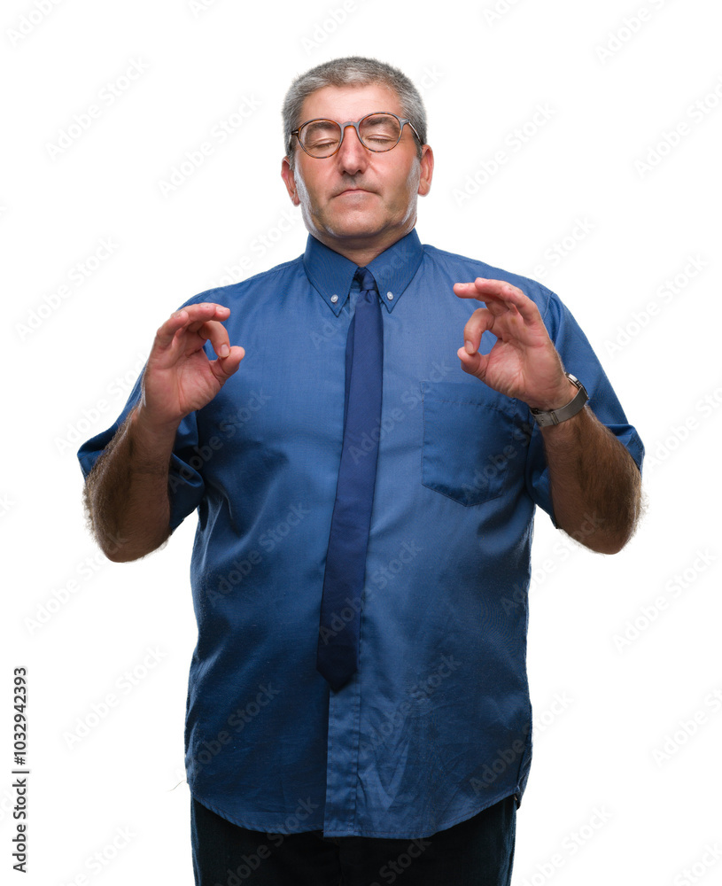 Handsome senior business man over isolated background relax and smiling with eyes closed doing meditation gesture with fingers. Yoga concept. Handsome senior business man over isolated background relax and smiling with eyes closed doing meditation gesture with fingers. Yoga concept.