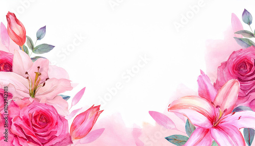 Water colored lily and rose on white background with pink petals