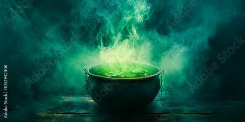 Green Potion Boiling in Witch's Cauldron, Halloween Magic Brew with Smoke