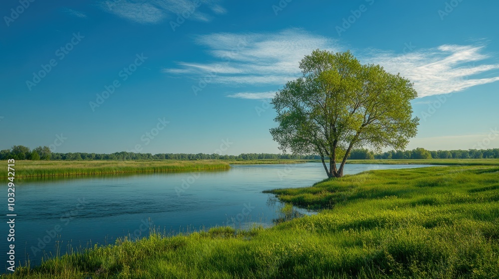 Serene River Landscape with Lone Tree Under Clear Sky Serene River Landscape with Lone Tree Under Clear Sky