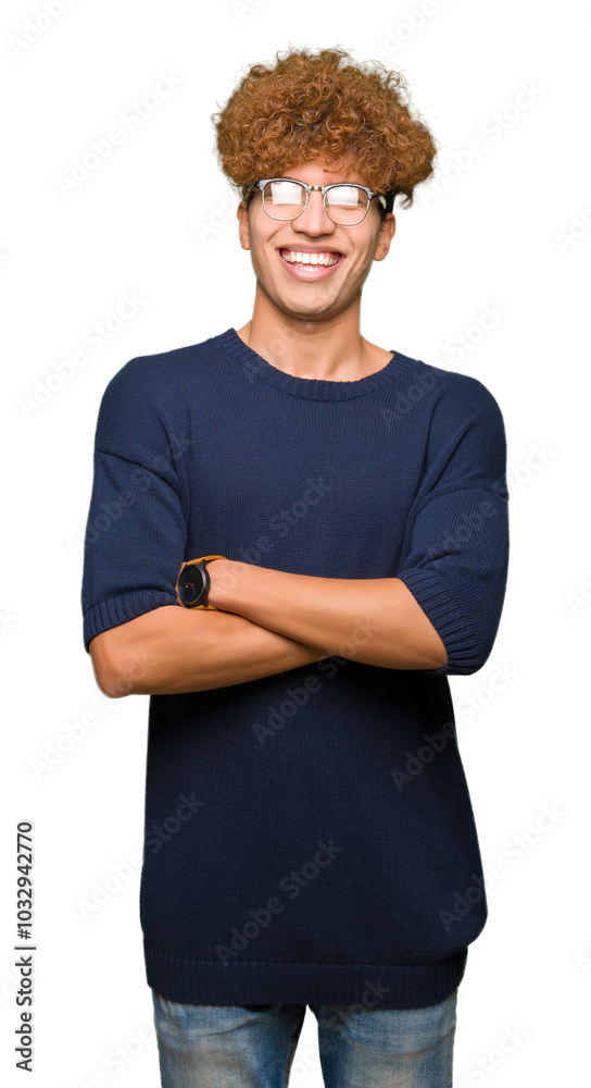 Young handsome man with afro wearing glasses happy face smiling with crossed arms looking at the camera. Positive person. Young handsome man with afro wearing glasses happy face smiling with crossed arms looking at the camera. Positive person.