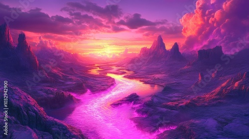 A stunning fantasy landscape with a glowing river winding through floating cliffs, under a vibrant pink and purple sky