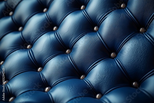 Elegant blue tufted leather upholstery featuring round metallic buttons at close range