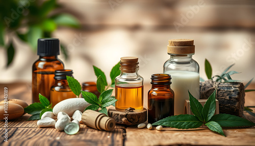 natural medicine products on wooden background isolated with white highlights, png photo