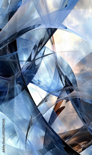 Smooth flowing glass shapes in dynamic composition, transparency and fluid motion evoke futuristic, elegant feel, reflective light and modern design, waves and chrome structure background