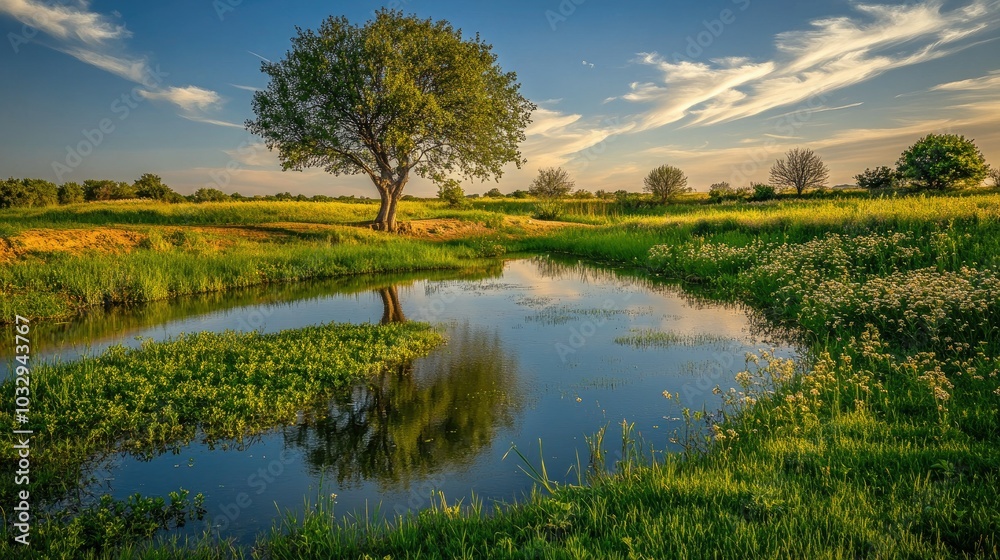 Serene Landscape with Tree and Calm Water Reflection Serene Landscape with Tree and Calm Water Reflection