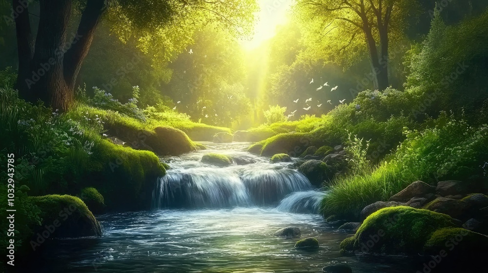 Tranquil Stream in Lush Green Forest Light Tranquil Stream in Lush Green Forest Light